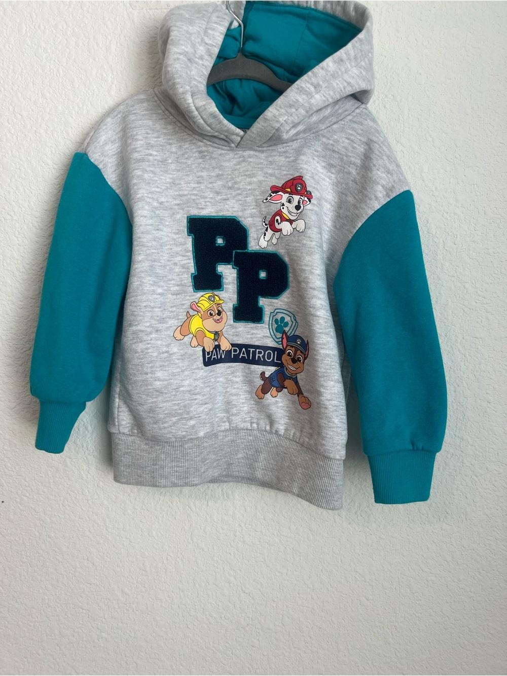 Paw Patrol Gray Hoodie with Teal Sleeves and Character Appliqués